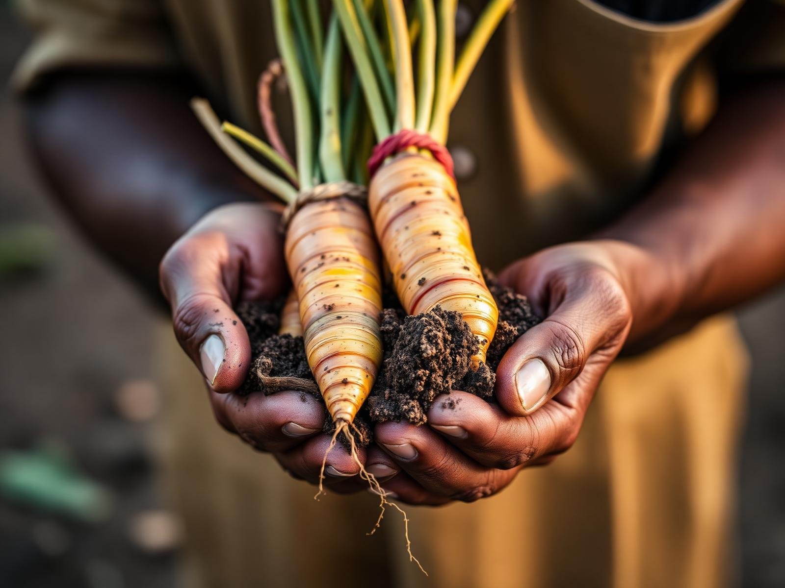 Farmer hands holding fresh turmeric roots