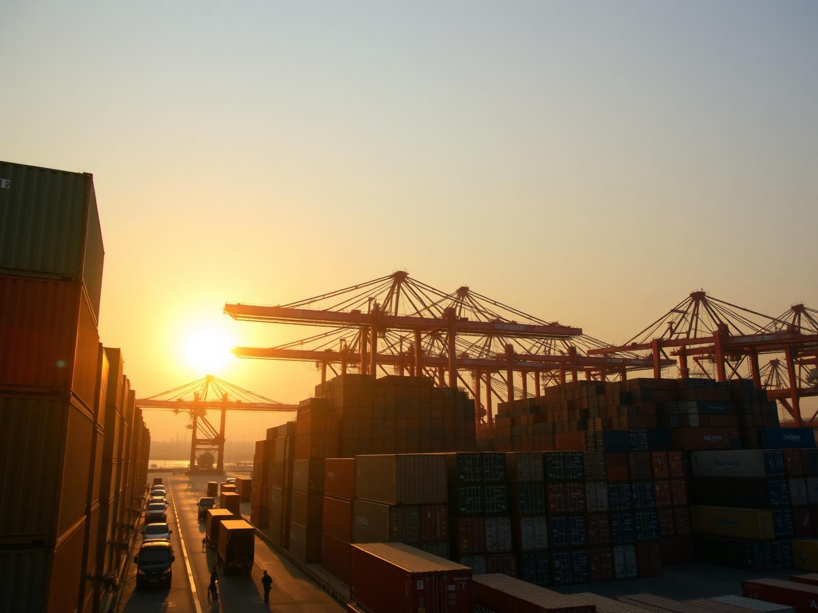 Cargo containers at Indian export port at sunrise